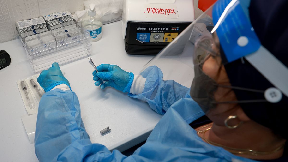 Florida's Miami-Dade County Opens Two New Monkeypox Vaccine Sites As Outbreak Grows
MIAMI, FLORIDA - AUGUST 15:  Miriala Gonzalez, a registered nurse, measures out a monkeypox vaccine shot at a vaccination site setup in Tropical Park by Miami-Dade County and Nomi Health on August 15, 2022 in Miami, Florida. Miami-Dade continues to urge people to vaccinate as they work to get more vaccines now that the county has over 400 cases, which is the most in the state. (Photo by Joe Raedle/Getty Images)
Joe Raedle
