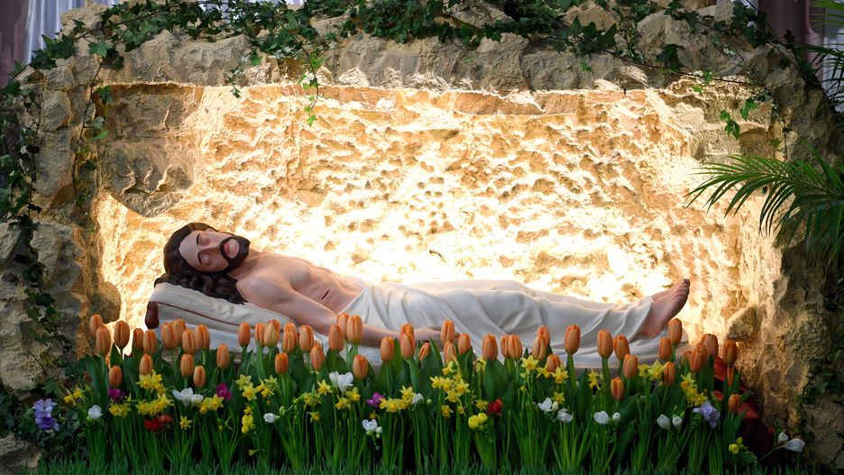 Przemyśl, 03.04.2021. Wielka Sobota. Grób Pański w kościele pod wezwaniem św. Jana Chrzciciela i Wniebowzięcia Najświętszej Maryi Panny w Przemyślu, 3 bm. Kościół katolicki obchodzi Wielką Sobotę. Zgodnie z polską tradycją tego dnia święcone są pokarmy na stół wielkanocny. (dd/mr) PAP/Darek Delmanowicz
