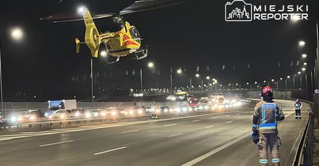 Zderzenie ciężarówki z osobówką na Moście Południowym. Ranne dwie osoby, w tym dziecko. W akcji śmigłowiec LPR
