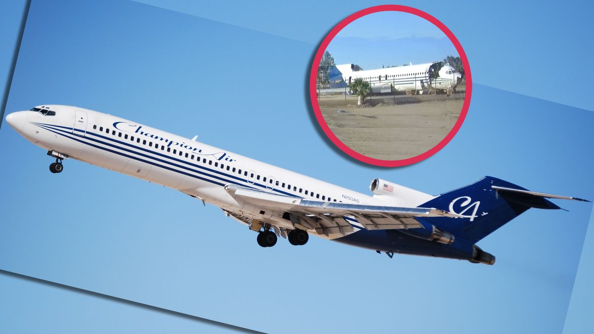 Badacze sprawdzili, jakie miejsce w samolocie gwarantuje bezpieczeństwo podczas katastrofy. Na zdjęciu: samolot biorący udział w eksperymencie jeszcze gdy latał w barwach Champion Air i po celowym zderzeniu z ziemią (w kółku)