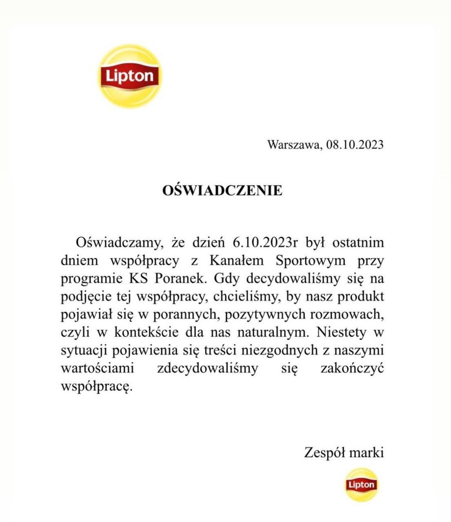 Lipton oświadczenie