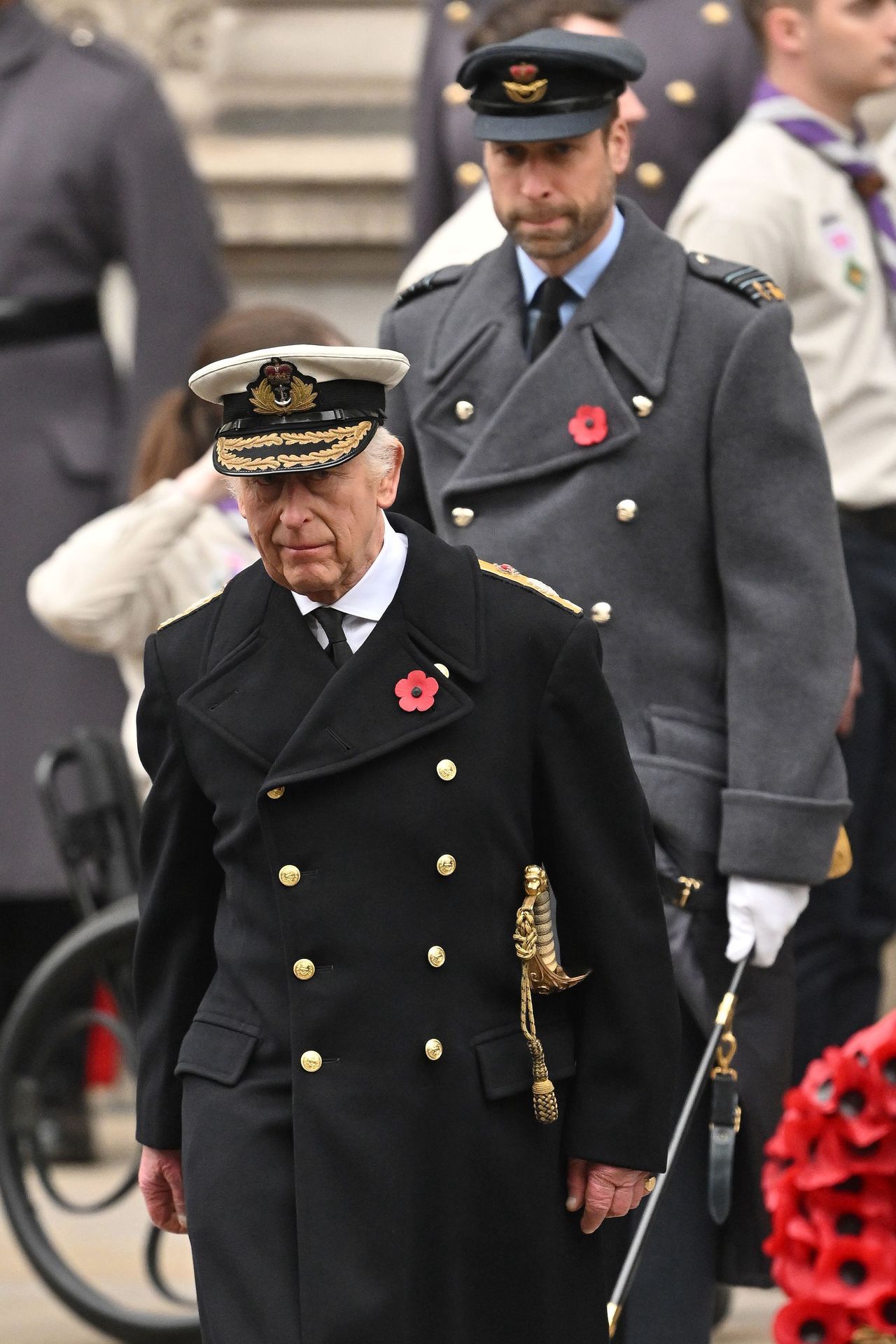 LONDON, ENGLAND - NOVEMBER 10: King Charles III and Prince William, Prince of Wales during the Service Of Remembrance at The Cenotaph on November 10, 2024 in London, England.  Each year members of the British Royal Family join politicians, veterans and members of the public to remember those who have died in combat. (Photo by Samir Hussein/WireImage)