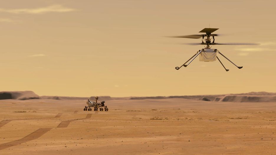 Ilustracja przedstawiająca lot helikoptera Ingenuity na Marsie.