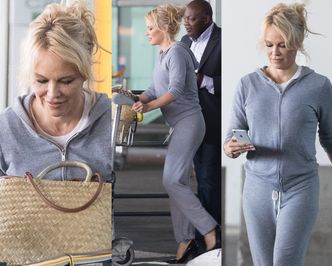 Wyluzowana Pamela Anderson walczy z bagażami na lotnisku