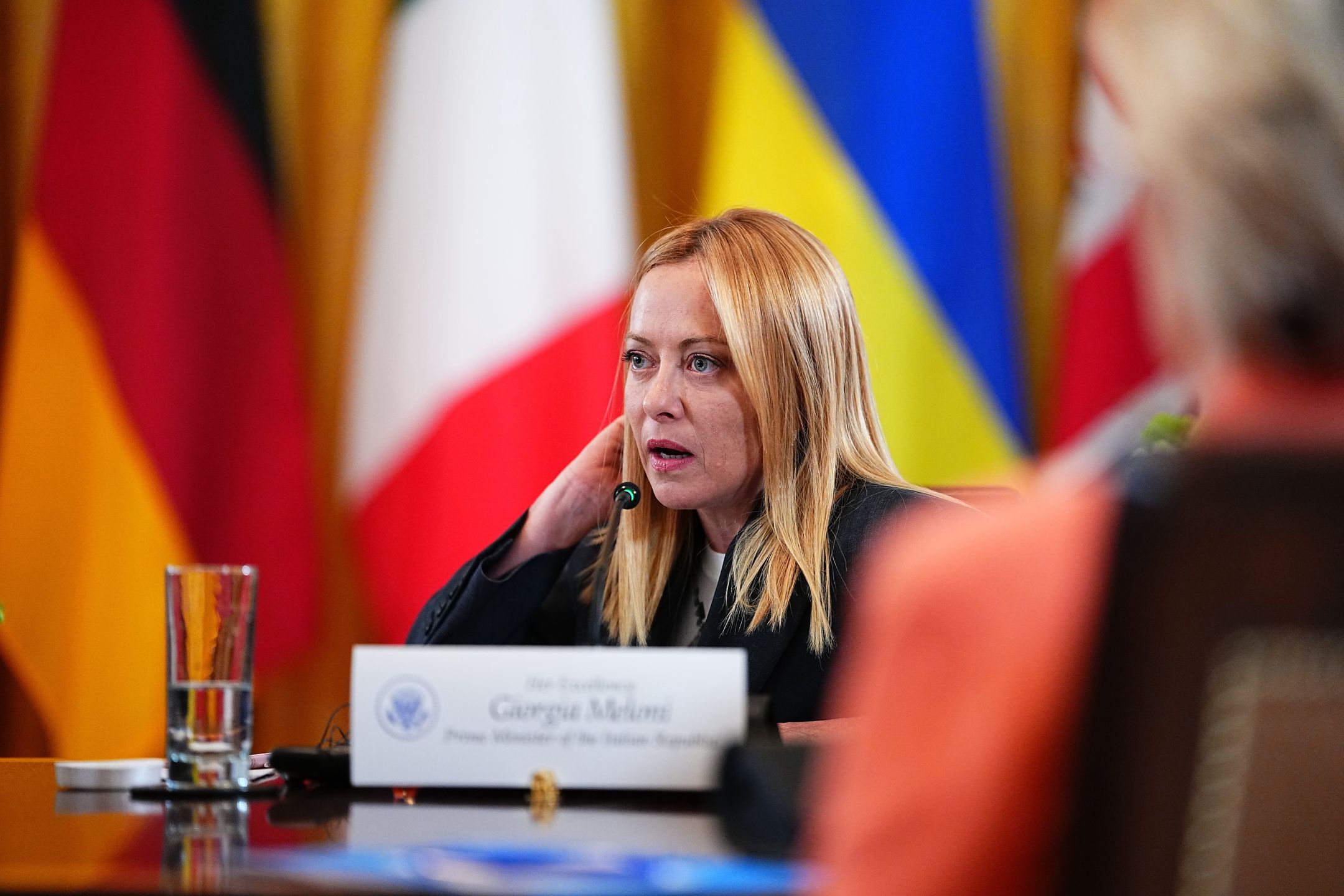 Giorgia Meloni, Italy's prime minister, speaks during a multilateral meeting with European leaders in the East Room of the White House in Washington, DC, US, on Monday, Aug. 18, 2025. US President Donald Trump said he hoped to secure an agreement for a trilateral meeting with Vladimir Putin and Ukrainian President Volodymyr Zelenskiy as he welcomed the Ukrainian leader to the White House for high-stakes talks on bringing an end to Russia's war on Ukraine. Photographer: Aaron Schwartz/CNP/Bloomberg via Getty Images