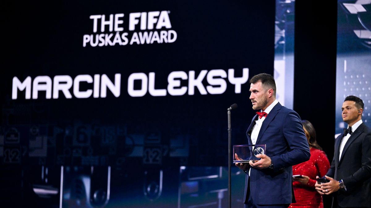 PARIS, FRANCE - FEBRUARY 27: Marcin Oleksy on stage after winning the FIFA Puskas Award during The Best FIFA Football Awards 2022 at Salle Pleyel on February 27, 2023 in Paris, France. (Photo by Harold Cunningham - FIFA/FIFA via Getty Images)