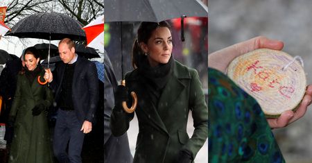 Skąpana w strugach deszczu księżna Kate odbiera od dzieci medalion ze swoim imieniem (ZDJĘCIA)