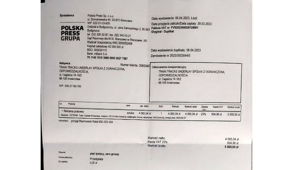 Faktura opłacona przez Train Tracks Underlay