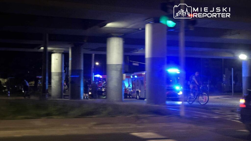 Ratownicy medyczni przy ambulansie z włączonymi sygnałami świetlnymi, w nocy pod wiaduktem.