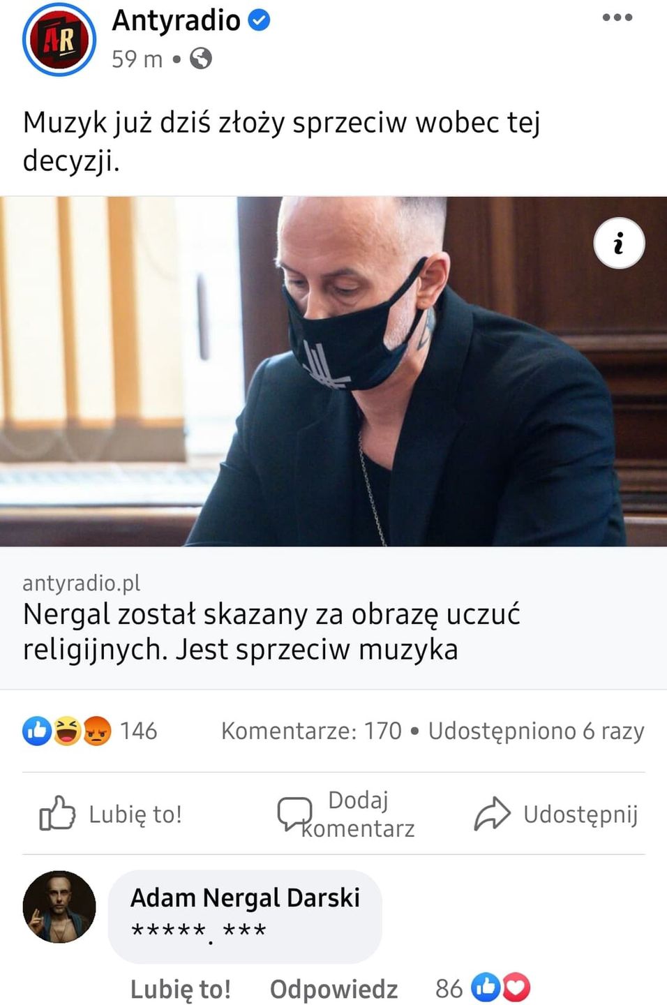 Nergal komentuje decyzję sądu w sprawie obrazy uczuć religijnych na fanpage'u Antyradia