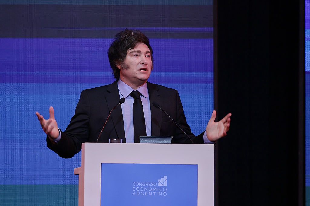 Javier Milei's Speech At Forum
In Buenos Aires, Argentina, on April 30, 2025, Argentine President Javier Milei delivers a speech at the main auditorium of the 2025 Expo EFI Forum, held at the Buenos Aires Convention Center. Under the theme ''Path to Stability: Keys for a Predictable Argentina,'' the event features over 150 speakers, including journalists, economic analysts, financial advisors, prominent CEOs, business leaders, renowned academics, and top officials. The forum is regarded as one of the country's most influential gatherings in economics, finance, and politics. (Photo by Luciano Adan Gonzalez Torres/NurPhoto via Getty Images)
NurPhoto
inflation, milei administration, economic event, labor reform, argentine businessmen, milei 2025, fiscal transparency, academics, economic growth, public finance, economic agenda, financial advisors, ceos, conference, dollar, currency controls, argentine president, economic forum, political event, economic stability, officials, predictable argentina, argentine economic congress, milei speech, expo efi auditorium, economic plan, liberal economy, economic strategy, economic outlook, economic analysts, structural reforms, president milei, economic openness, investments, argentine economy, libertarian government, imf, investor confidence, pension system, business leaders, remonetization, expo efi 2025, presidential speech