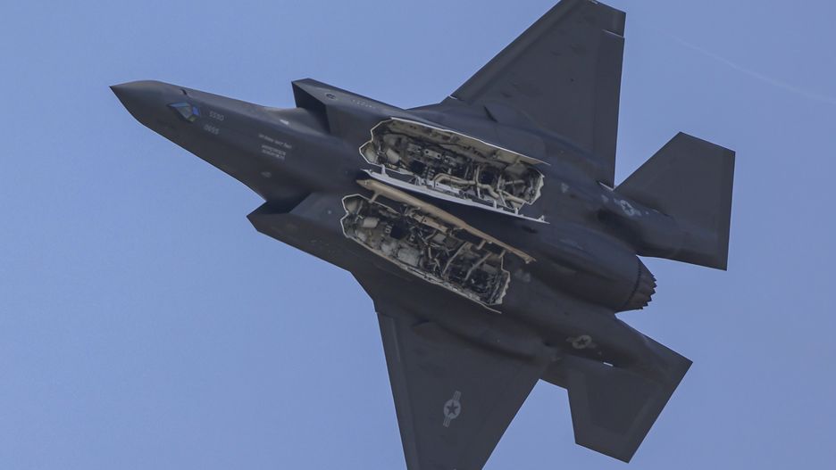 Lockheed Martin F-35 Lightning II a fifth generation fighter jet during a flight demonstration at Paris Air Show 2025 at Le Bourget Airport. The F35 is a multirole combat aircraft, an American made single seat, single engine, supersonic stealth strike fighter designed for air superiority, strike missions, electronic warfare,  intelligence, surveillance and reconnaissance. The specific fighting jet belongs to the United States Air Force with serial number AF-350 and registration tail number 20-5590 assigned to the 495th Fighter Squadron (495 FS) of the 48th Fighter Wing (48 FW), stationed at RAF Lakenheath in England.. The variant of the military plane is the standard version, F-35A made for conventional takeoff and landing CTOL.  Paris, France on June 22, 2025 (Photo by Nicolas Economou/NurPhoto via Getty Images)