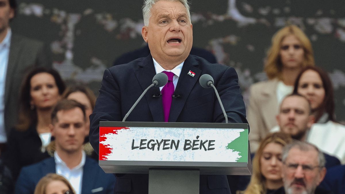 Hungarian Prime Minister Orban Viktor attends the peace march in Budapest
AA/ABACA
Hungarian Prime Minister Viktor Orban speaks to tens of thousand