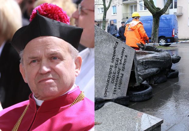 Przewrócono pomnik prałata oskarżonego o pedofilię. "Pomnik ks. Jankowskiego dzisiaj ma wrócić na miejsce"