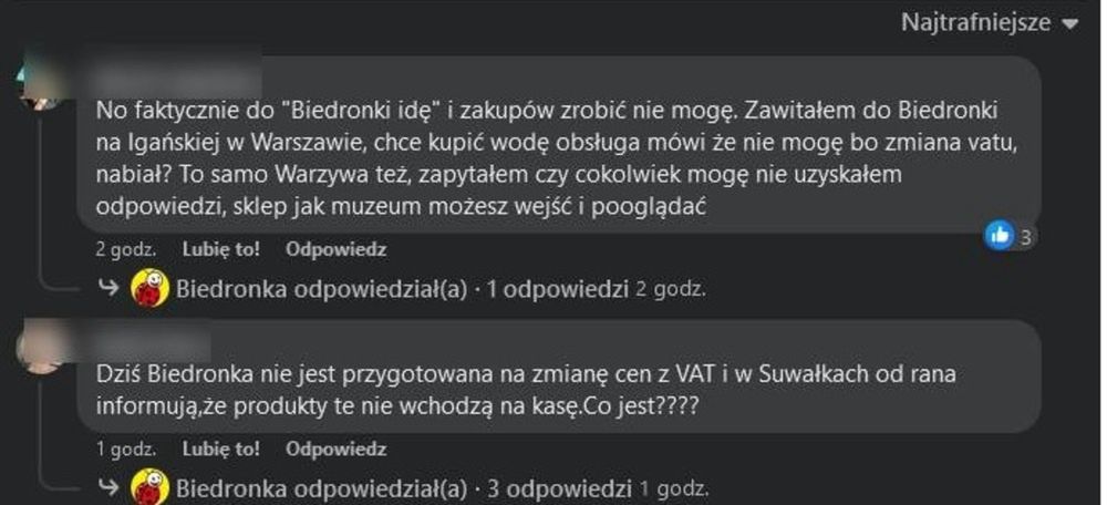 Komentarze pod postem sieci Biedronka