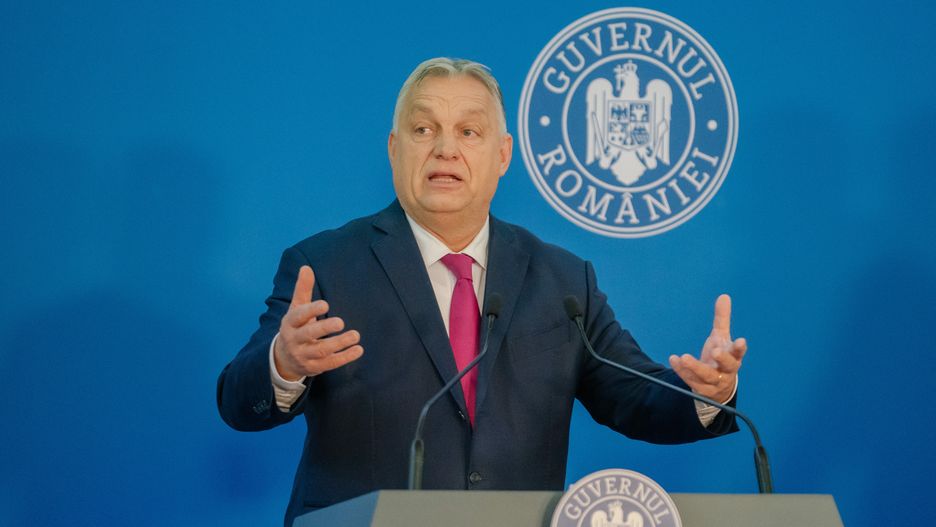 Viktor Orban, Hungary's prime minister, at a news conference during a meeting with Marcel Ciolacu, Romania's prime minister, at the Victoria Palace in Bucharest, Romania, on Friday, Dec. 20, 2024. Romania's political crisis deepened after the largest pro-European party abruptly withdrew from negotiations to form a coalition. Photographer: Andrei Pungovschi/Bloomberg via Getty Images