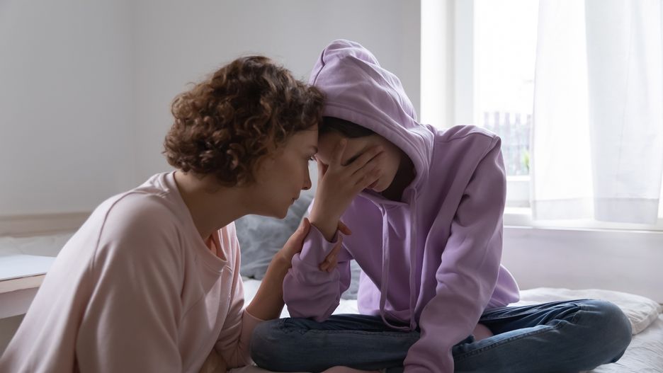 Worried mom comforting depressed teen daughter crying at home
Worried parent young mom comforting depressed crying teen daughter bonding at home. Loving understanding mother apologizing or supporting sad teenage girl having psychological puberty problem concept.
fizkes