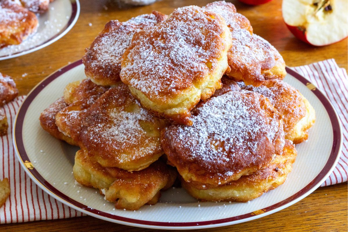 Homemade pancakes with powdered sugar.