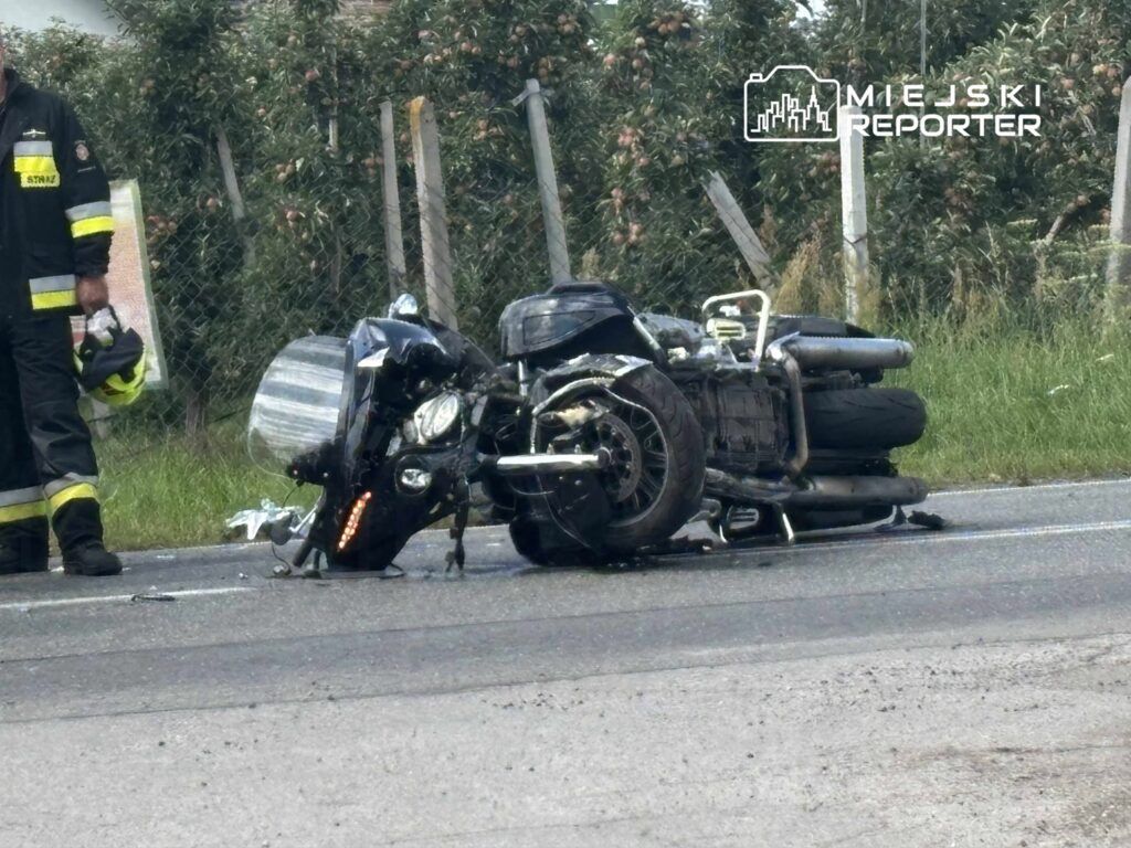 Strażak w mundurze stoi obok przewróconego motocykla na drodze, w tle widać zarośla.