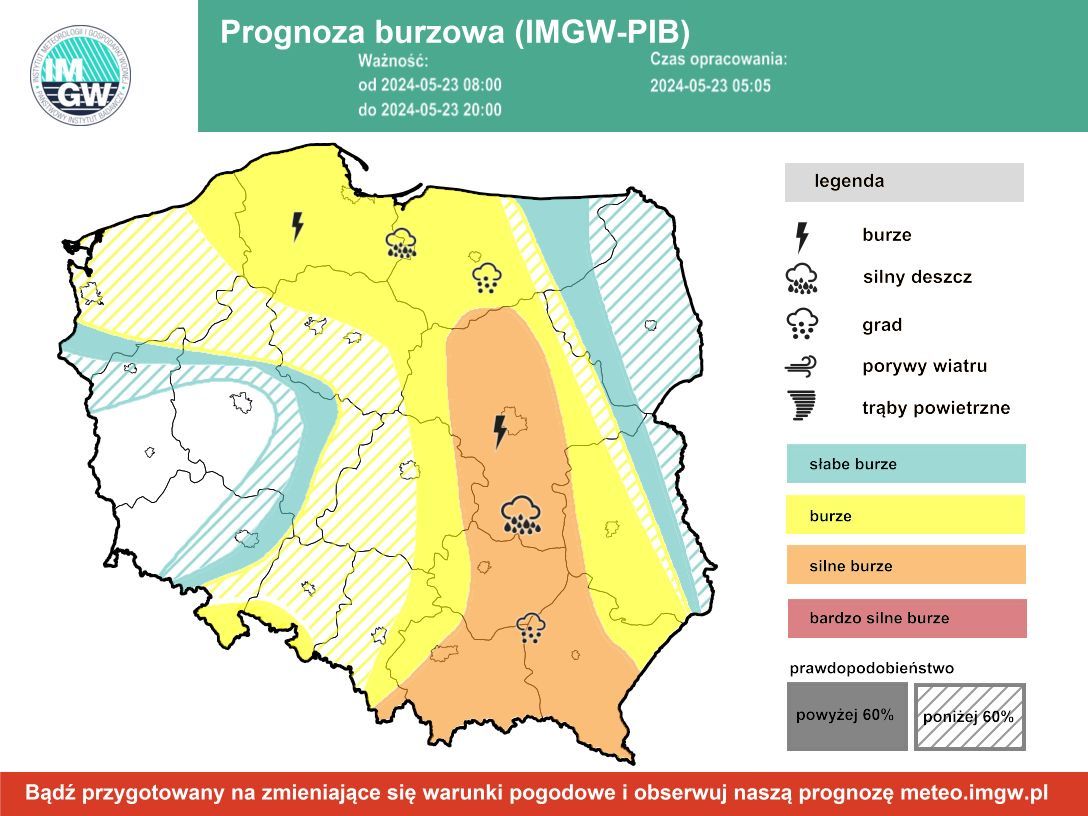 Prognoza burzowa IMGW na czwartek, 23 maja 2024