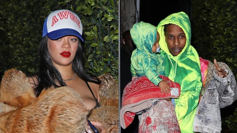 Futrzasta Rihanna i neonowy ASAP Rocky wędrują z synem do włoskiej knajpy (ZDJĘCIA)
