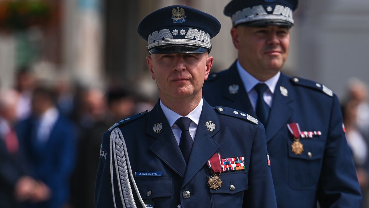(L-R) Provincial Police Commander, Chief Inspector Michal Ledzion, and Police Commander in Chief, Inspector General of Polish Police, Jaroslaw Szymczyk, during the ceremony.This year's celebration of the Police Day in Malopolska (Lesser Poland Voivodeship) was held in Wadowice, 60km south of Krakow. The ceremony began with a Holy Mass in the Basilica of Presentation of Virgin Mary, followed by a solemn appeal at John Paul II Square. During the appel designated police officers were nominated for higher official ranks, and others awarded medals and decorations.During the ceremony the local Police in Wadowice received the new banner.On Thursday, July 14, 2022, in Wadowice, Lesser Poland Voivodeship, Poland. (Photo by Artur Widak/NurPhoto via Getty Images)