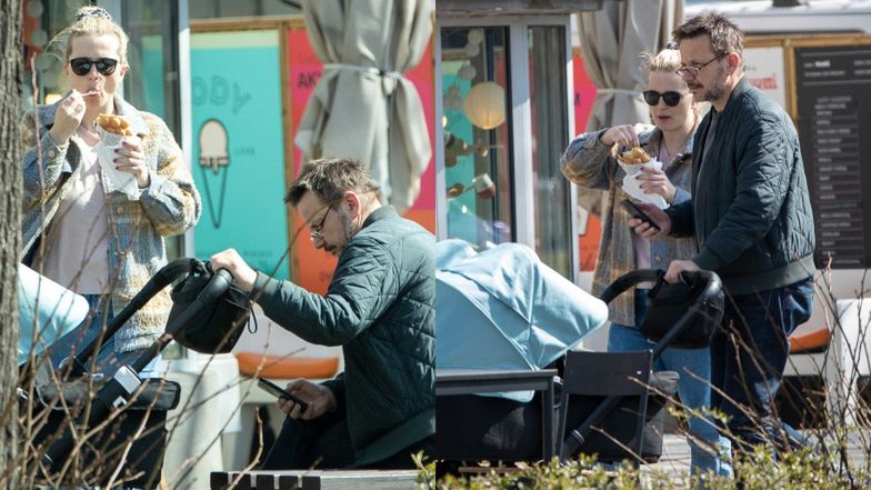 Bartłomiej Topa na spacerze z partnerką i córkami bliźniaczkami