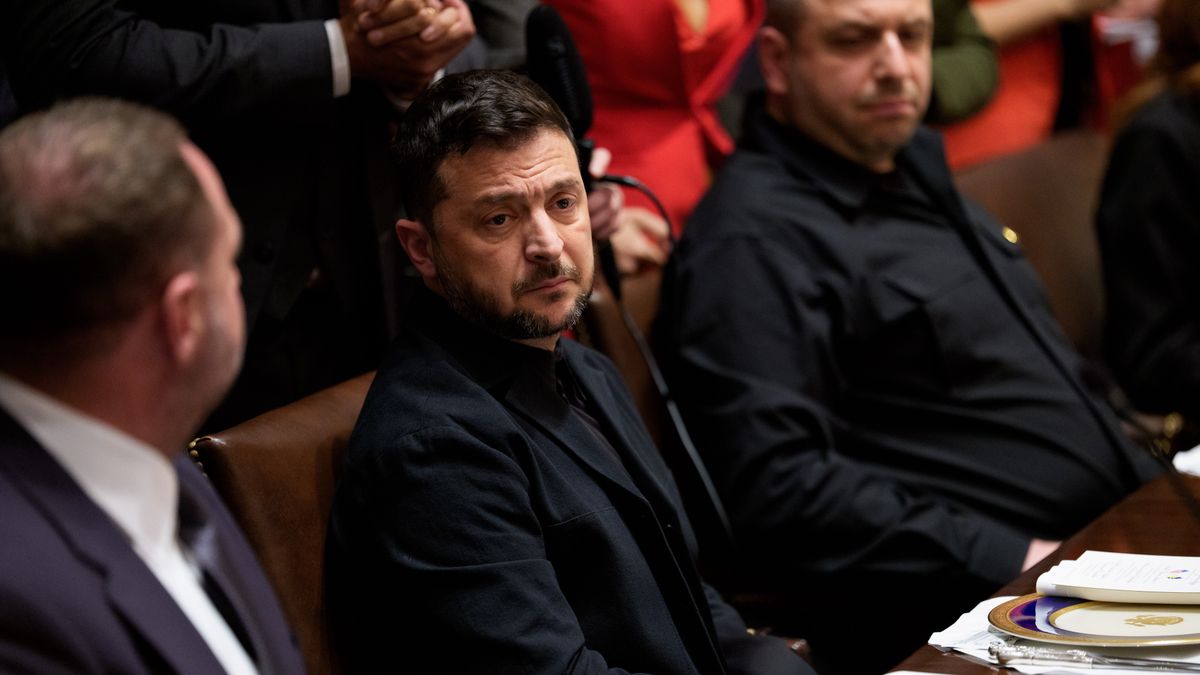 Volodymyr Zelenskiy, Ukraine's president, during a meeting with US President Donald Trump, not pictured, in the Cabinet Room of the White House in Washington, DC, US, on Friday, Oct. 17, 2025. Zelenskiy will be meeting the US leader at the White House on Friday to discuss air defense, long-range weaponry and urgent energy assistance as Moscow intensifies strikes on its water and gas infrastructure before winter. Photographer: Aaron Schwartz/Sipa/Bloomberg via Getty Images