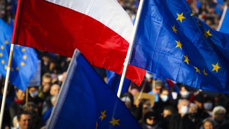 Pro EU Demonstration In Krakow, Poland
EU and Polish national flags are seen during 'We're staying in EU' demonstration at the Main Square in Krakow, Poland on October 10, 2021. The pro-EU demonstrations were held across the country to show of support for the EU after the nations constitutional court ruled this week that the Polish constitution overrides some EU laws. Demonstrator expressed fear that Law and Justice (PiS) ruling party could lead to 'Polexit' or Poland being forced to leave the EU. (Photo by Beata Zawrzel/NurPhoto via Getty Images)
NurPhoto
polish, cracow, european, covid, anti, rally, manifestation, demonstration, pandemmic, union, eu, polexit, pro, crowd, banner, national, membership, pis) ruling party, polish national flags, polish constitution, main square, pro-eu demonstrations, constitutional court, eu' demonstration, eu laws, country, demonstrator, justice, photo