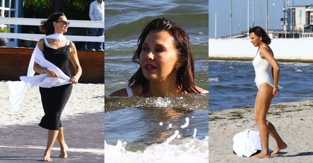 Anna Popek podbija plażę w Gdyni, ignorując niskie temperatury: walka z wiatrem i KĄPIEL w Bałtyku (ZDJĘCIA)