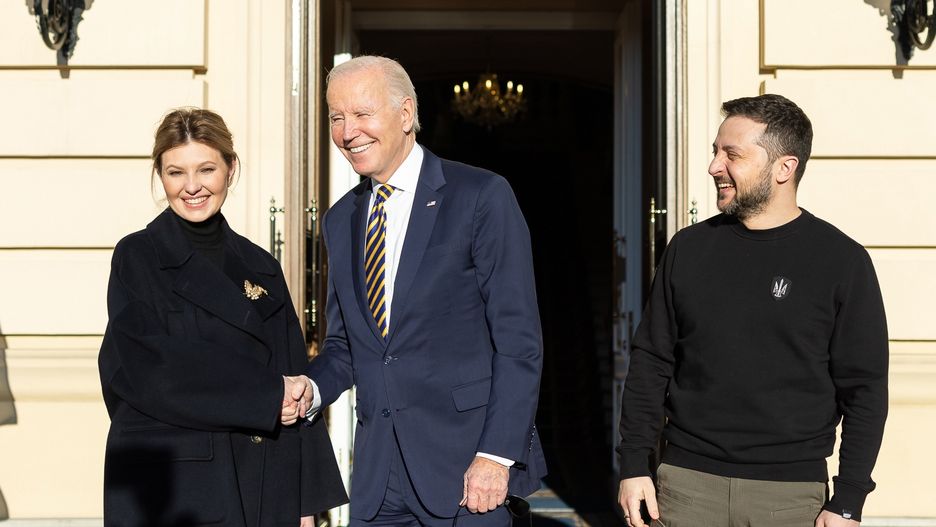 KYIV, UKRAINE - FEBRUARY 20: In this handout photo issued by the Ukrainian Presidential Press Office, U.S. President Joe Biden meets with Ukrainian President Volodymyr Zelensky and the First Lady of Ukraine Olena Zelenska at the Ukrainian presidential palace on February 20, 2023 in Kyiv, Ukraine. The US President made his first visit to Kyiv since Russia's large-scale invasion last February 24. (Photo by Ukrainian Presidential Press Office via Getty Images)
