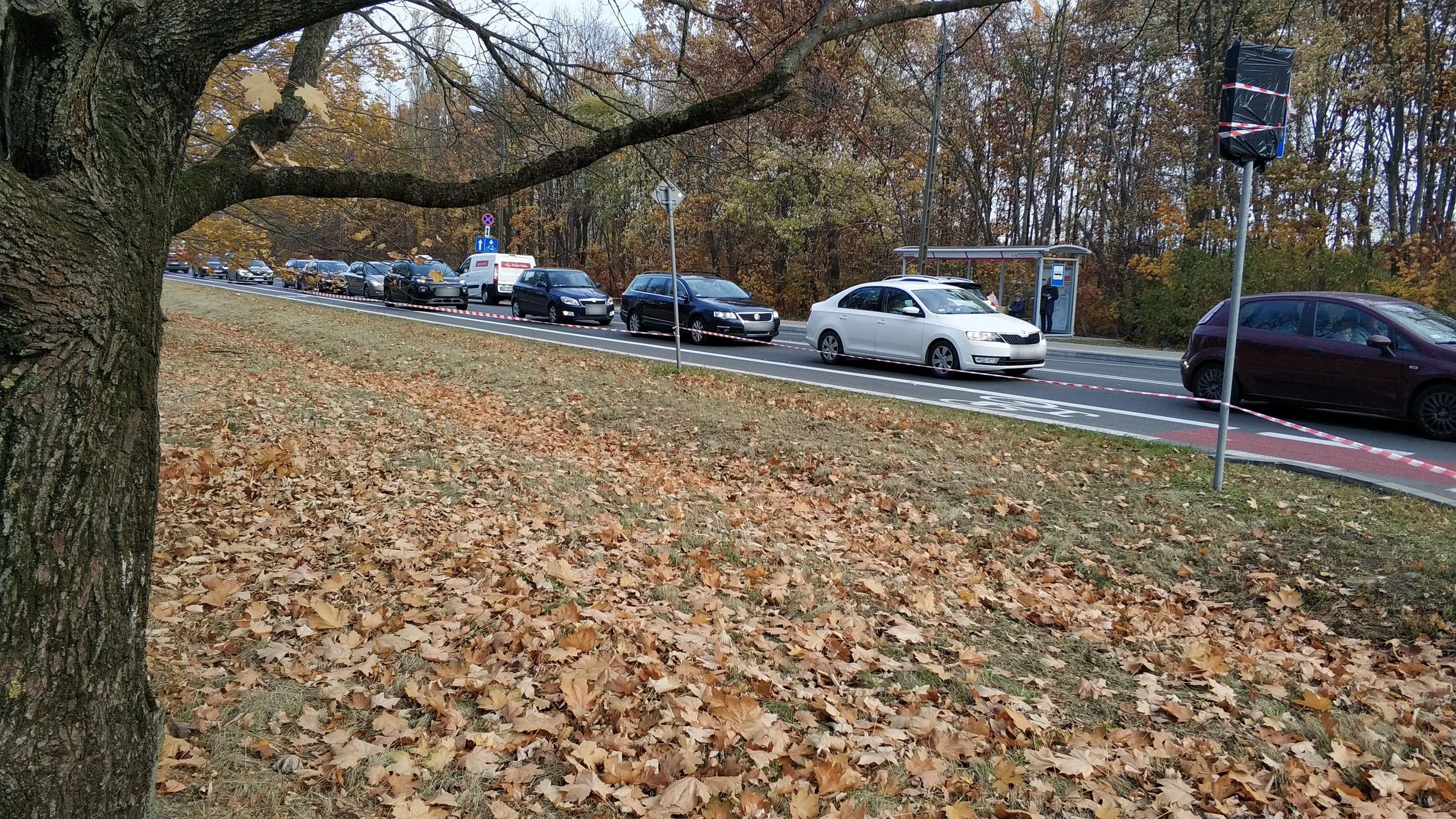 Zdjęcie przedstawia kilka samochodów stojących w korku przed wjazdem na cmentarz