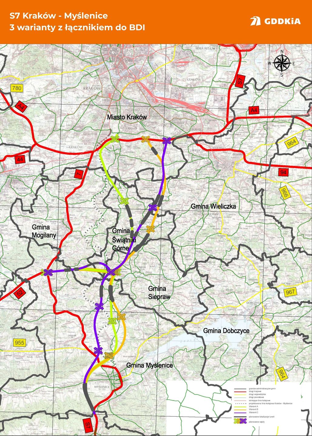 Warianty A, B i C drogi S7 Kraków-Myślenice