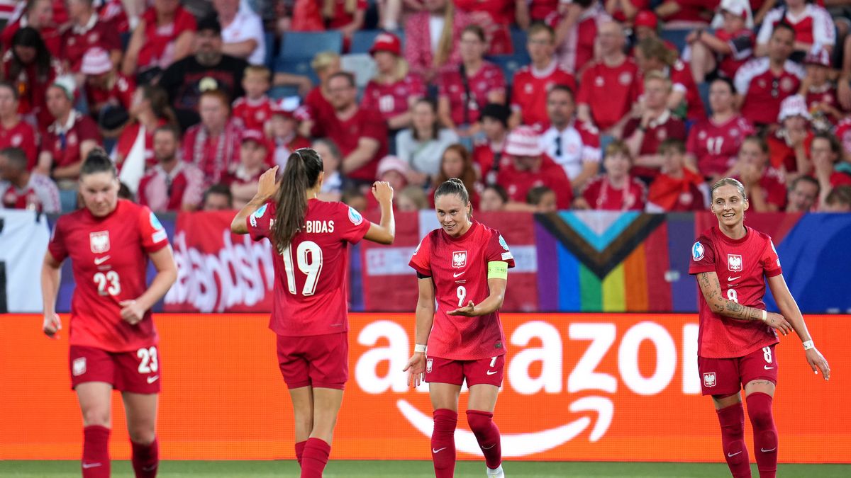 LUCERNE, SWITZERLAND - JULY 12: Ewa Pajor of Poland celebrates with teammate Natalia Padilla after scoring her team's second goal during the UEFA Women's EURO 2025 Group C match between Poland and Denmark at Luzern Arena on July 12, 2025 in Lucerne, Switzerland. (Photo by Aitor Alcalde - UEFA/UEFA via Getty Images)