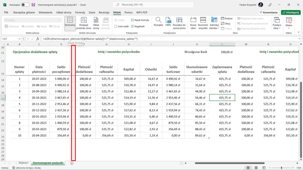 Excel: zablokowana kolumna D, widoczna linia