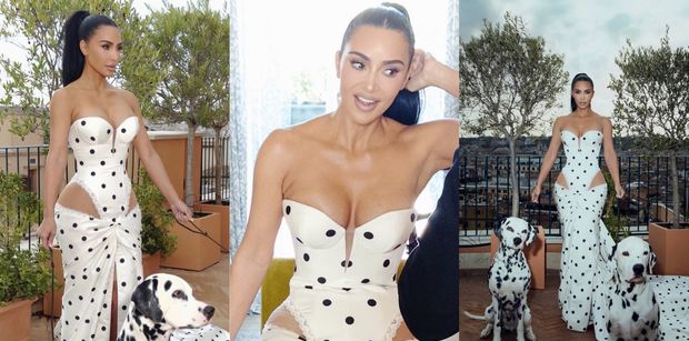 Kim Kardashian niczym SEKSOWNA Cruella de Mon pozuje w sukni w ciapki z dwoma DALMATYŃCZYKAMI (ZDJĘCIA)