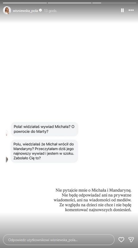 Pola Wiśniewska reaguje na wypowiedź Michała na temat Mandaryny