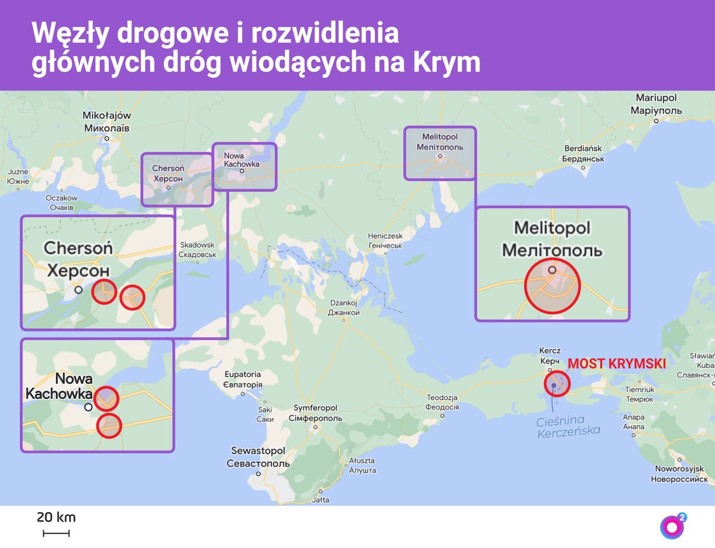 Węzły drogowe i główne drogi, prowadzące na okupowany przez Rosjan Krym