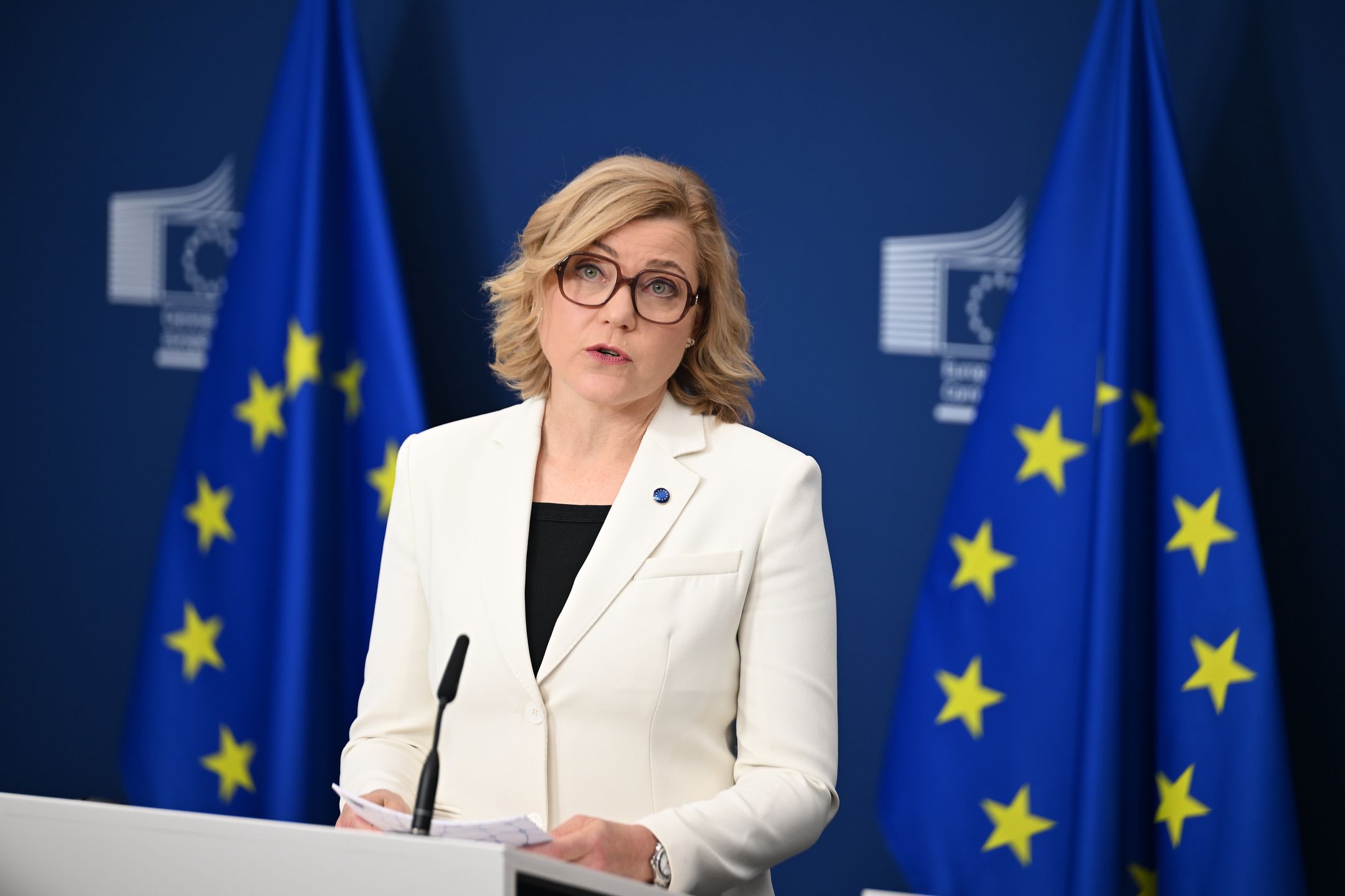 BRUSSELS, BELGIUM - APRIL 15: European Commission Vice President Henna Virkkunen (pictured) holds a press conference on the EUâs digital age verification application alongside Commission President Ursula von der Leyen in Brussels, Belgium, on April 15, 2026. (Photo by Dursun Aydemir/Anadolu via Getty Images)