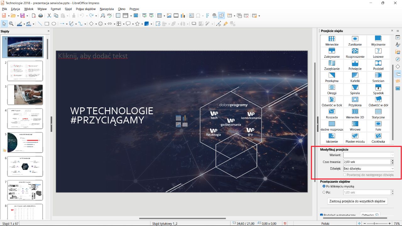 LibreOffice Impress: sekcja MODYFIKUJ PRZEJŚCIE