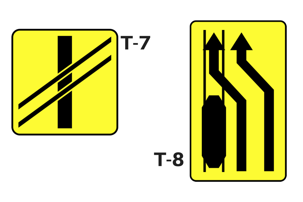 Tabliczki do znaków drogowych: T-7 tabliczki wskazujące układ torów tramwajowych i drogi na przejeździe, T-8 tabliczki wskazujące miejsce, w którym ruch drogowy został skierowany na tory tramwajowe