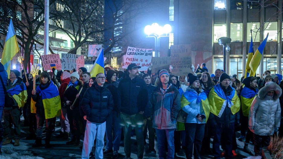 USA CONSULATE, TORONTO, ONTARIO, CANADA - 2025/03/03: People participate in the Ukrainian Rally for Truth and Justice in front of the USA Consulate. Hundreds gathered in downtown Toronto to demand peace for Ukraine on its own terms. (Photo by Anatoliy Cherkasov/Informa Plus Photo Agency/LightRocket via Getty Images)