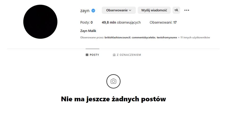 Profil Zayna na Instagramie został wyczyszczony z treści