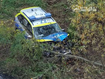 Warszawa: Pościg pod miastem. Policyjny radiowóz uderzył w drzewo. Ranny policjant