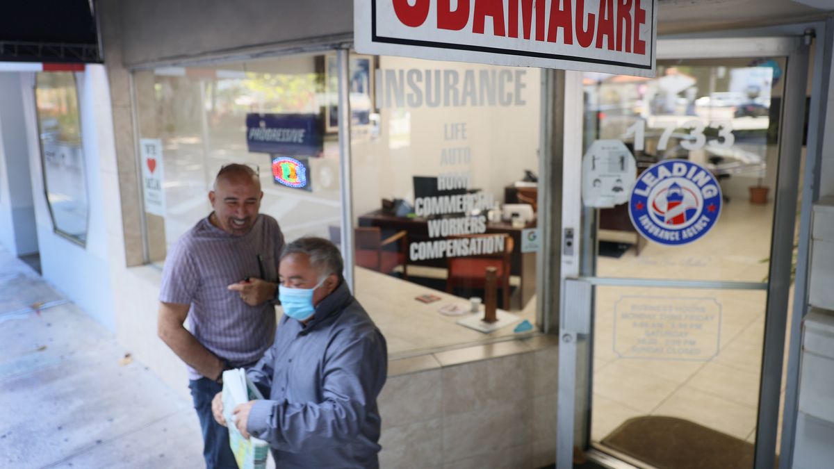 MIAMI, FLORIDA - JANUARY 28: An Obamacare sign is seen outside of the Leading Insurance Agency, which offers plans under the Affordable Care Act (also known as Obamacare) on January 28, 2021 in Miami, Florida. President Joe Biden signed an executive order to reopen the Affordable Care Act’s federal insurance marketplaces from February 15 to May 15. (Photo by Joe Raedle/Getty Images)