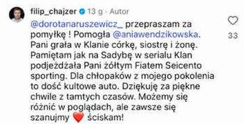 Komentarz Filipa Chajzera na Instagramie