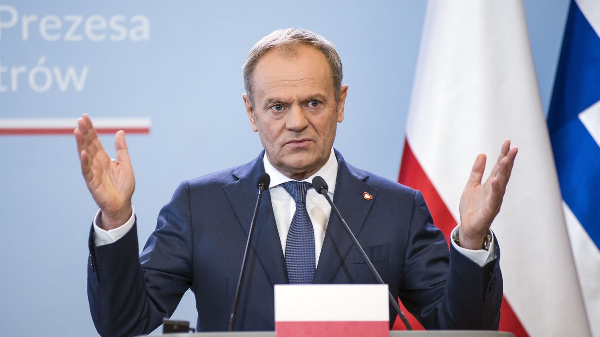 WARSAW, POLAND - 2024/04/12: PM Donald Tusk speaks at a press conference with Prime Minister Kyriakos Mitsotakis (not pictured). The Greek Prime Minister Kyriakos Mitsotakis arrived in Warsaw and met with Donald Tusk - Poland's PM. The Prime Ministers talked about trade between the two countries, discussed also European security issues and illegal migration regarding the recent vote in the European Parliament on the Pact on Migration and Asylum. (Photo by Attila Husejnow/SOPA Images/LightRocket via Getty Images)