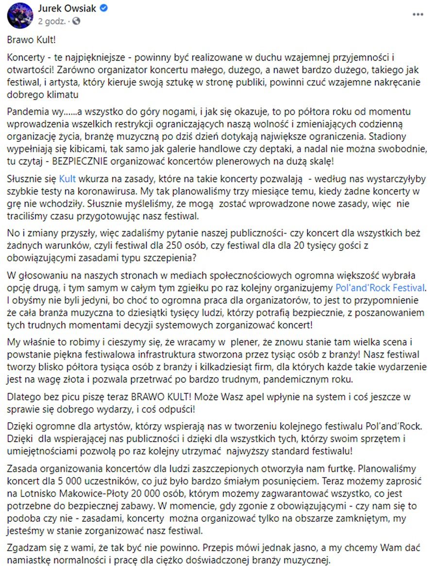 Jurek Owsiak tłumaczy, dlaczego robi festiwal tylko dla zaszczepionych