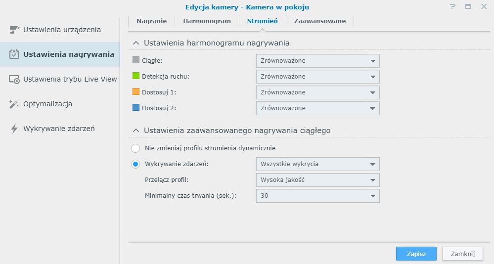 Część zaawansowanych ustawień wybranej kamery.