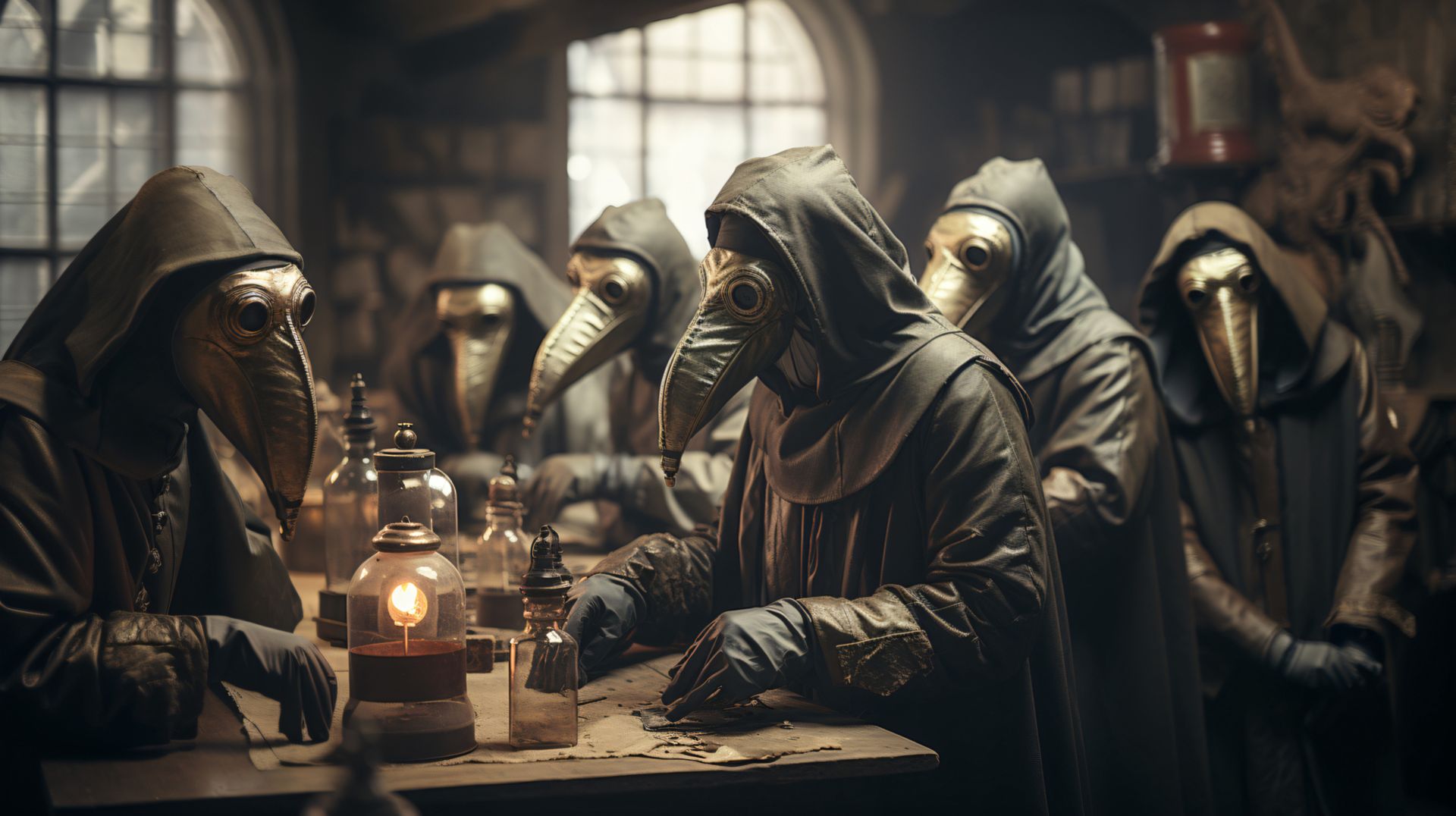people, plague, doctors, doctor, facility, old, bubonic, physician, dark, black, robe, epidemic, 16th, 17th, century, infected, patients, beaked, mask, masks, leather, gloves, equipment, medical, victims, sickness, sick, 1500, 1600, testament, outfit, costume, surgeons, science, studying, group, laboratory, healing, creepy, pest, fashion, virus, treatments. halloween, character